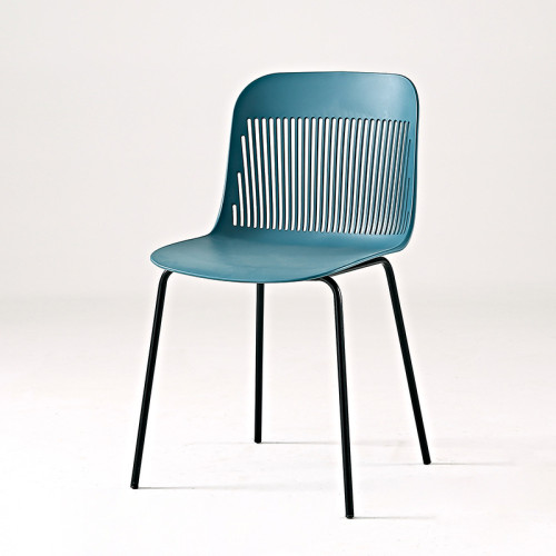 Dark blue hollow out back plastic chair with metal legs