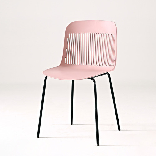 Pink hollow out back plastic chair with metal legs