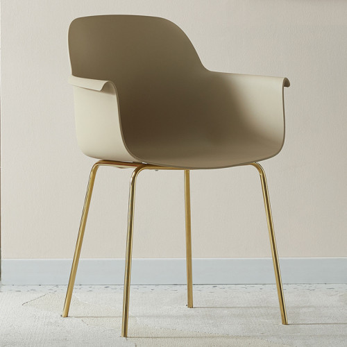 Taupe plastic armchair with golden metal legs