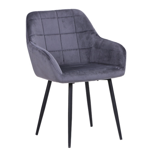 Modern luxury armrest grey velvet dining chair with metal legs