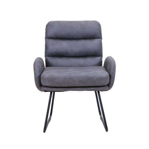 High back dark grey cushioned leather restaurant chair with metal base