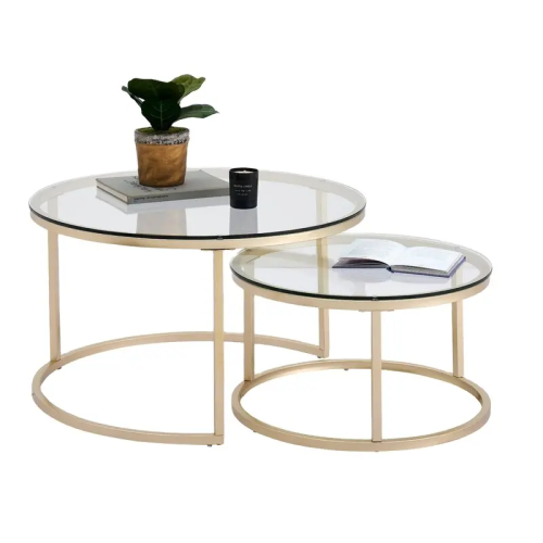 High Quality Round Transparent Glass Metal Leg Modern Simple Dine Room Hotel Furniture Coffee Tables Two Piece Suit