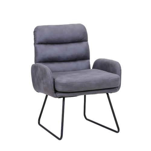 High back dark grey cushioned leather restaurant chair with metal base
