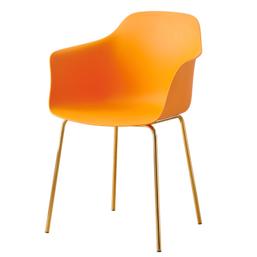 Contemporary sleek orange plastic armchair with golden metal legs