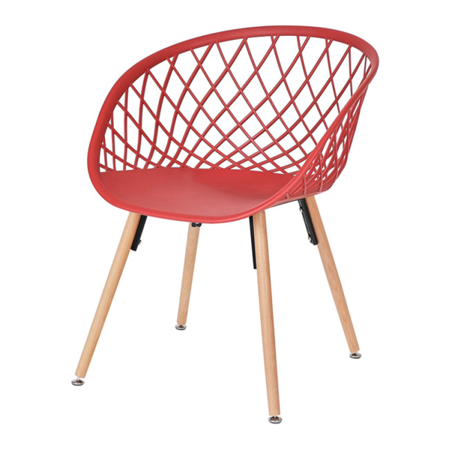 Modern armrest hollow out plastic chair with wood legs