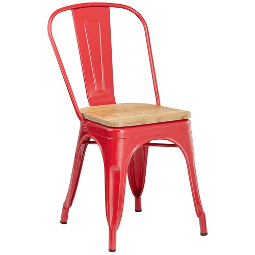 Tolix style red metal dining chair with wood board
