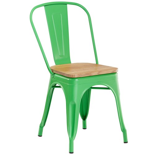 Tolix style green metal dining chair with wood board