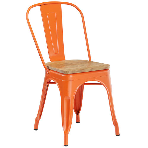 Tolix style orange metal dining chair with wood board