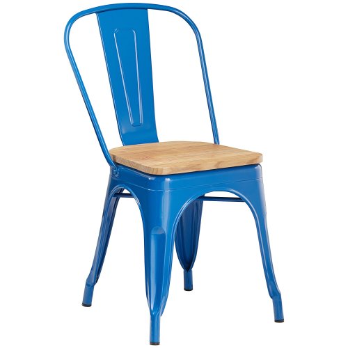 Tolix style blue metal dining chair with wood board