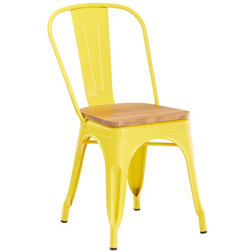 Tolix style yellow metal dining chair with wood board