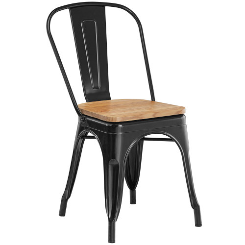 Tolix style black metal dining chair with wood board