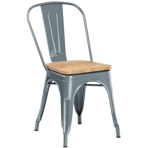 Tolix style grey metal dining chair with wood board