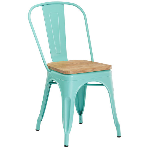 Tolix style light green metal dining chair with wood board