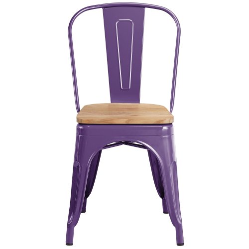 Tolix style purple metal dining chair with wood board