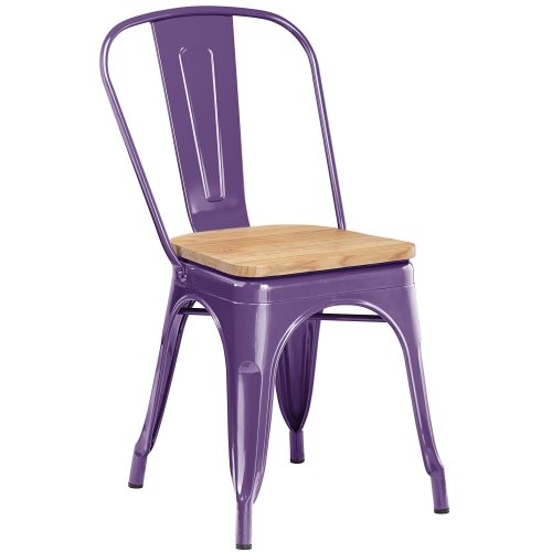 Tolix style purple metal dining chair with wood board