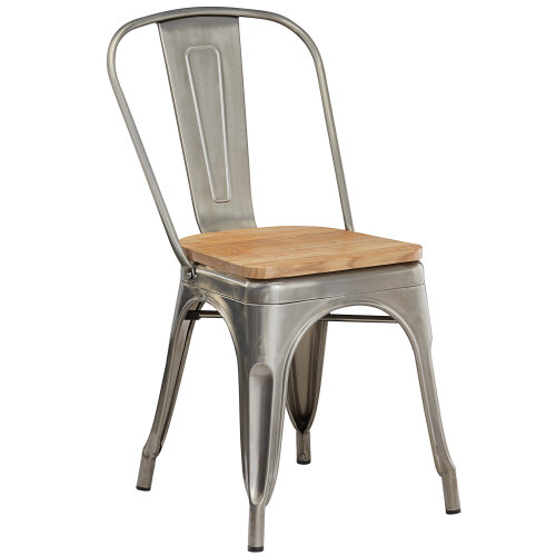 Tolix style silver metal dining chair with wood board