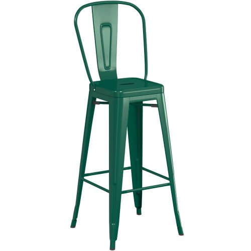 Counter height backrest dark green metal bar stool with footrest