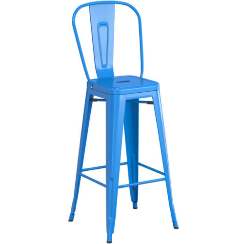 Counter height backrest blue metal bar stool with footrest