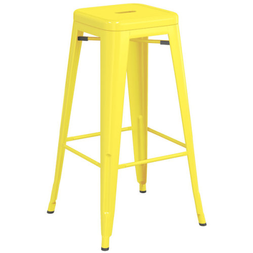 Counter height backless yellow metal bar stool with footrest