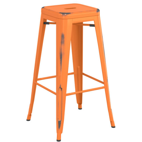 Counter height backless distressed orange metal bar stool with footrest