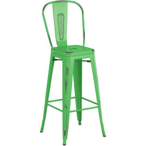 Counter height backrest distressed green metal bar stool with footrest
