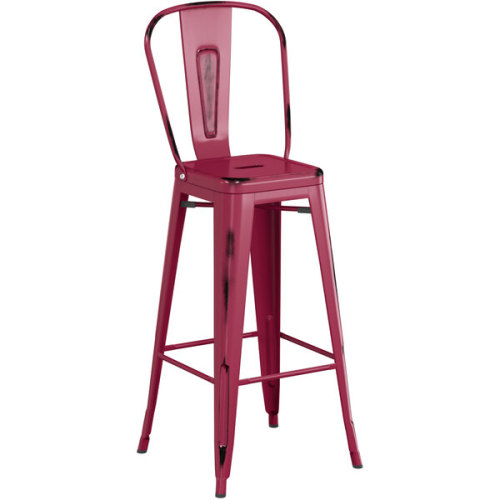 Counter height backrest distressed mulberry color metal bar stool with footrest