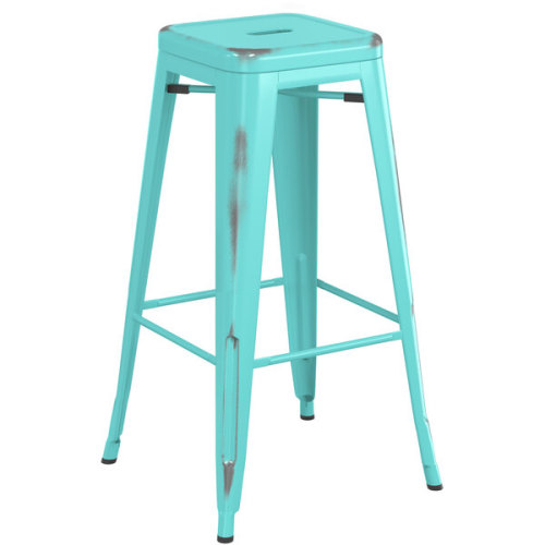 Counter height backless distressed turquoise metal bar stool with footrest