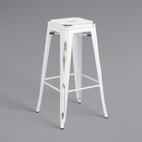 Counter height backless distressed white metal bar stool with footrest