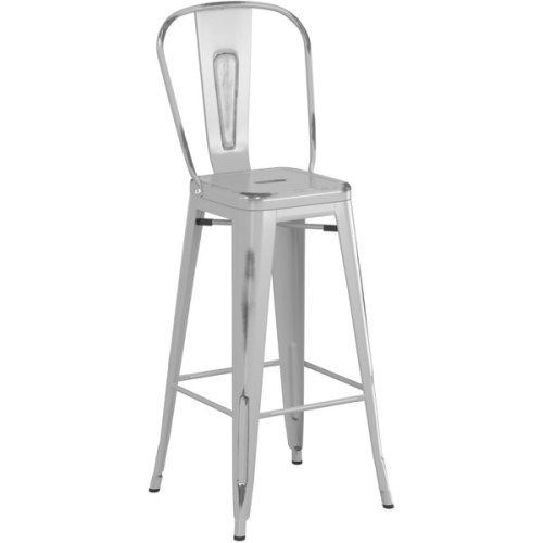 Counter height backrest distressed grey metal bar stool with footrest