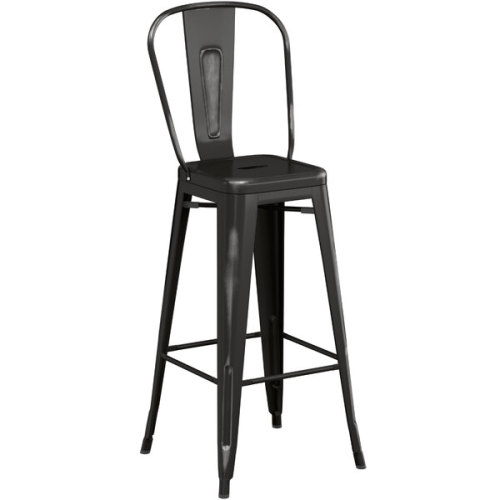 Counter height backrest distressed black metal bar stool with footrest