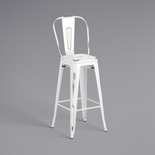 Counter height backrest distressed white metal bar stool with footrest