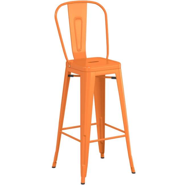 Counter height backrest orange metal bar stool with footrest