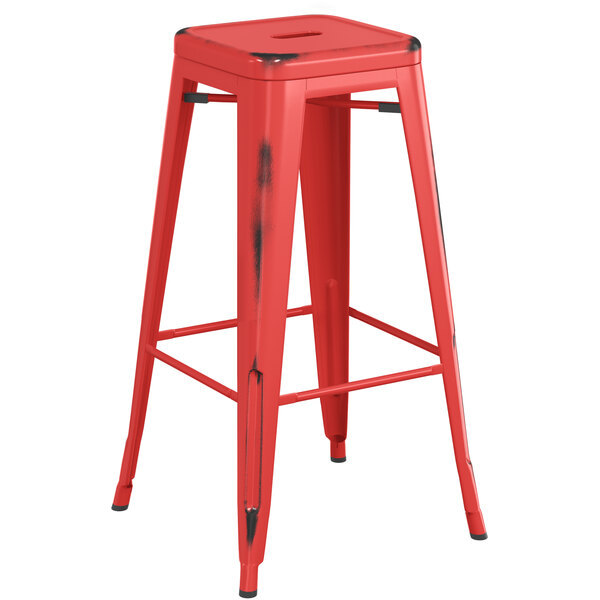 Counter height backless distressed red metal bar stool with footrest