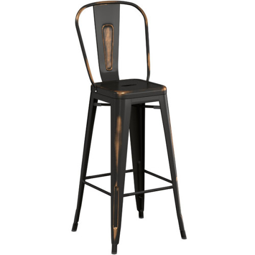 Counter height backrest distressed copper metal bar stool with footrest