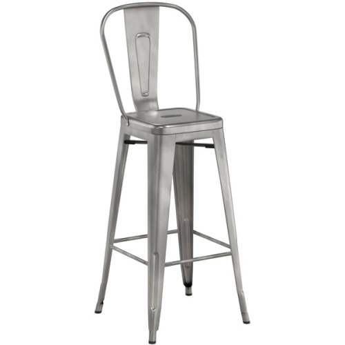 Counter height backrest silver metal bar stool with footrest