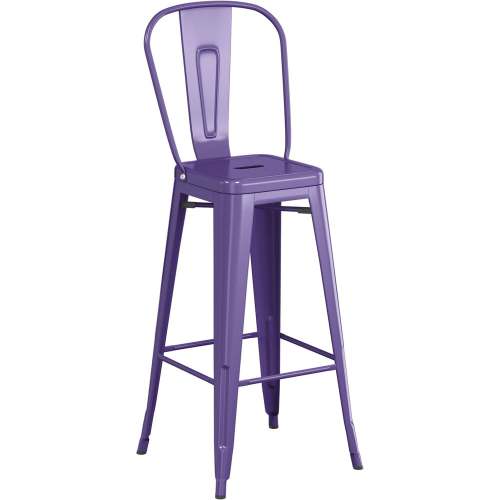 Counter height backrest purple metal bar stool with footrest