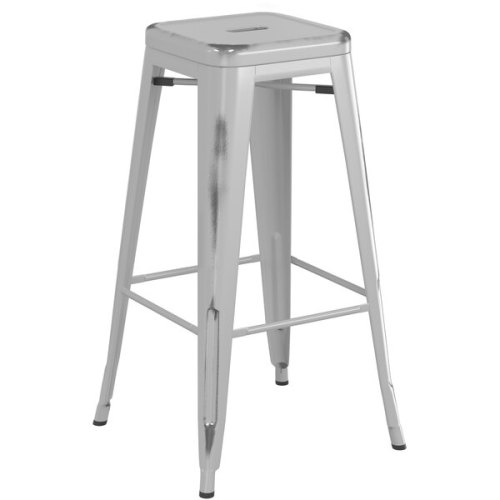 Counter height backless distressed grey metal bar stool with footrest