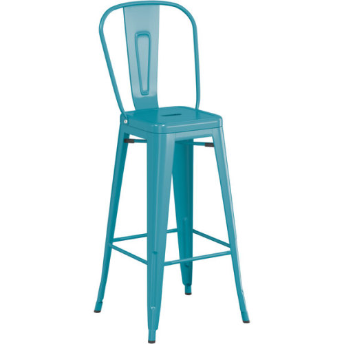 Counter height backrest teal metal bar stool with footrest