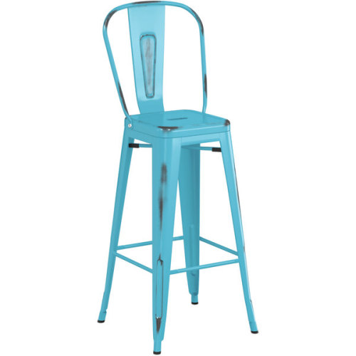 Counter height backrest distressed light blue metal bar stool with footrest