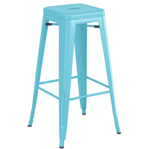 Counter height backless light blue metal bar stool with footrest