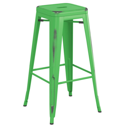 Counter height backless distressed green metal bar stool with footrest