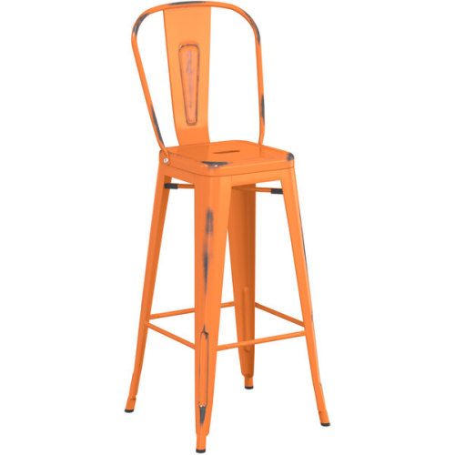 Counter height backrest distressed orange metal bar stool with footrest