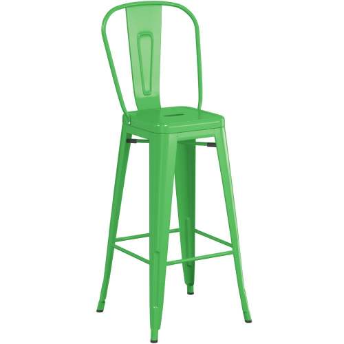 Counter height backrest green metal bar stool with footrest