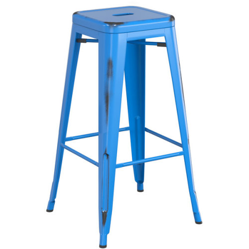 Counter height backless distressed blue metal bar stool with footrest