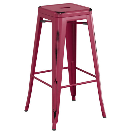Counter height backless distressed purple metal bar stool with footrest