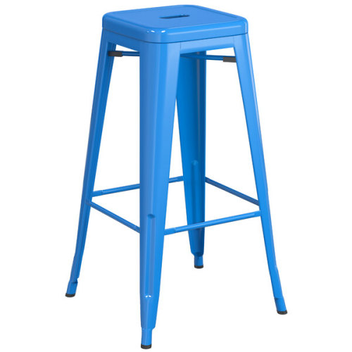 Counter height backless blue metal bar stool with footrest