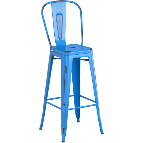 Counter height backrest distressed blue metal bar stool with footrest