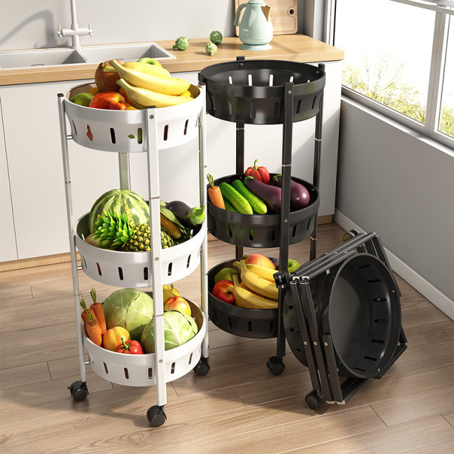 Household 3-Tier Metal Collapsible Trolley Cart Mobile Kitchen Folding Storages Rolling Utility Cart With Wheels