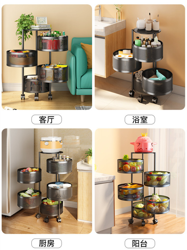 Foldable rotating storage rack round trolley 360 degree rotation kitchen storage organizer trolley