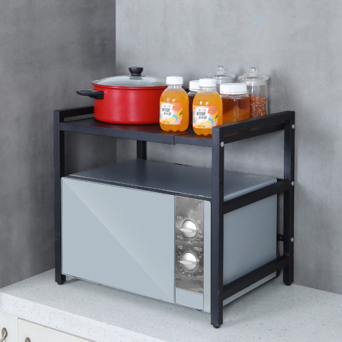 2-tier Kitchen Carbon Steel Shelf Black Desktop Retractable expandable Length Microwave Oven Rack Stand
